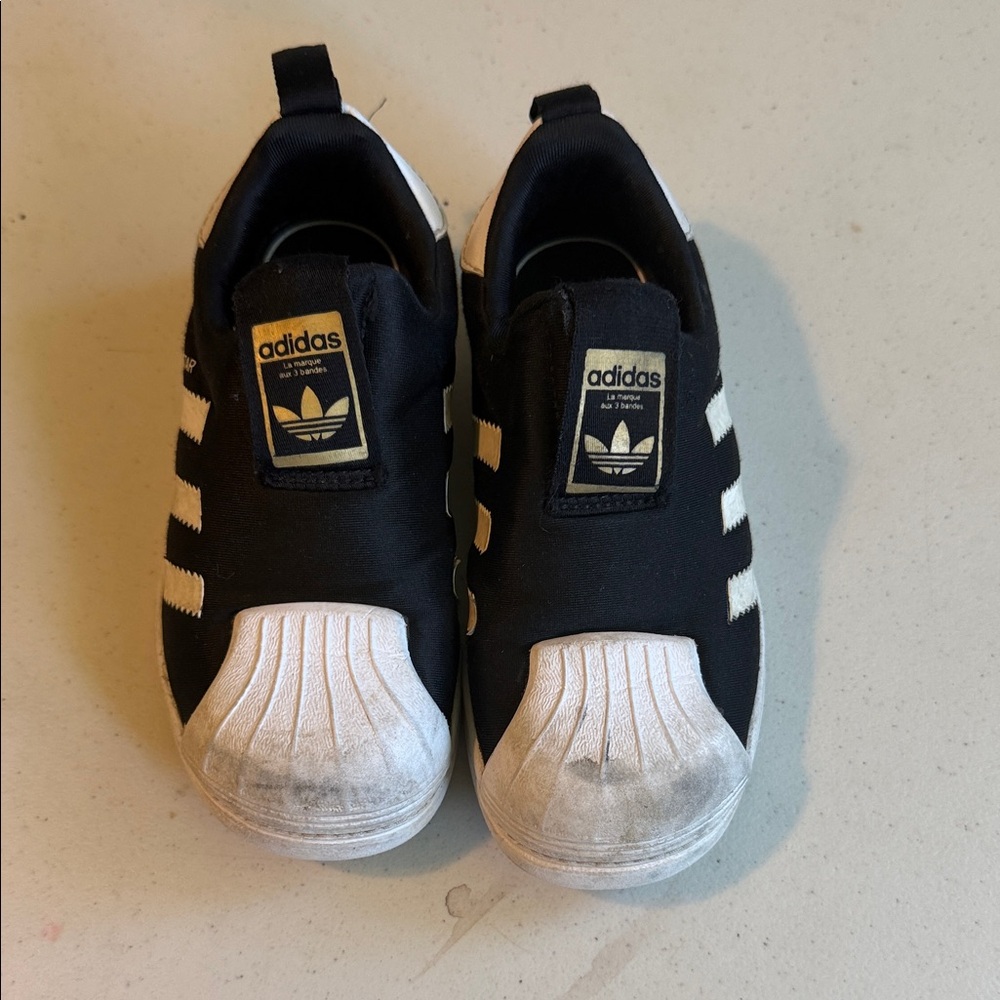 adidas Kids Black & White Slip-On Shell Toe Sneakers